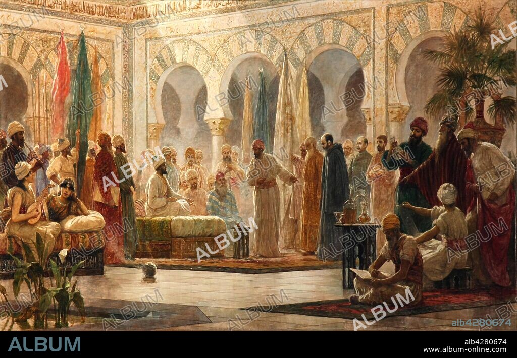 Dionisio Baixeras Verdaguer / 'La corte de Abderraman', 1885. Recepción de ABDERRAMAN III (889-Córdoba, 961, Emir y Califa de Al-Andalus) al monje Juan Gorze, embajador del emperador Otón I.