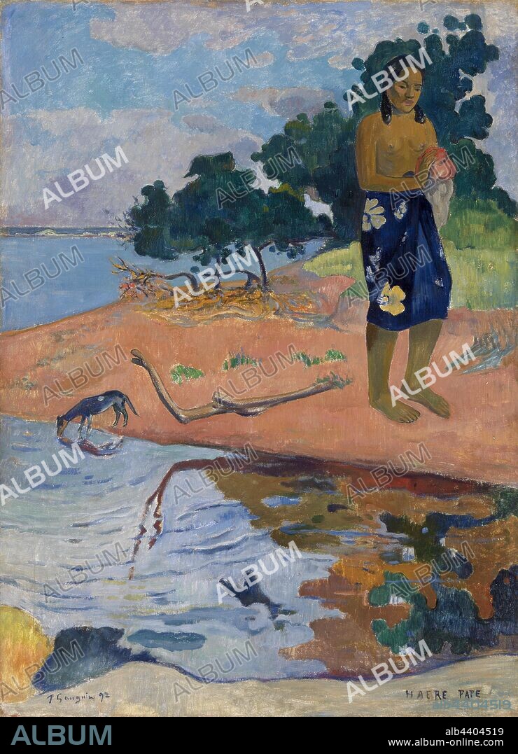 Paul Gauguin: Haere Pape, Paul Gauguin, 1892, Oil on canvas, Fed up with industrialized Europe, Paul Gauguin went to Tahiti in 1891 seeking a simpler, more 'primitive' way of life, one uncorrupted by modern technology and uptight social mores. Although the island was in fact changing—it had been colonized by the French--Gauguin still painted the Tahiti of his fantasy. Here, as in so many of his canvases from the period, he depicts a native Tahitian woman wearing a traditional pareo. Barefoot, tranquil, and at ease in her surroundings, the woman is imagined as a corporeal creature in perfect harmony with nature., Overall: 36 x 26 1/2 in. (91.4 x 67.3 cm).
