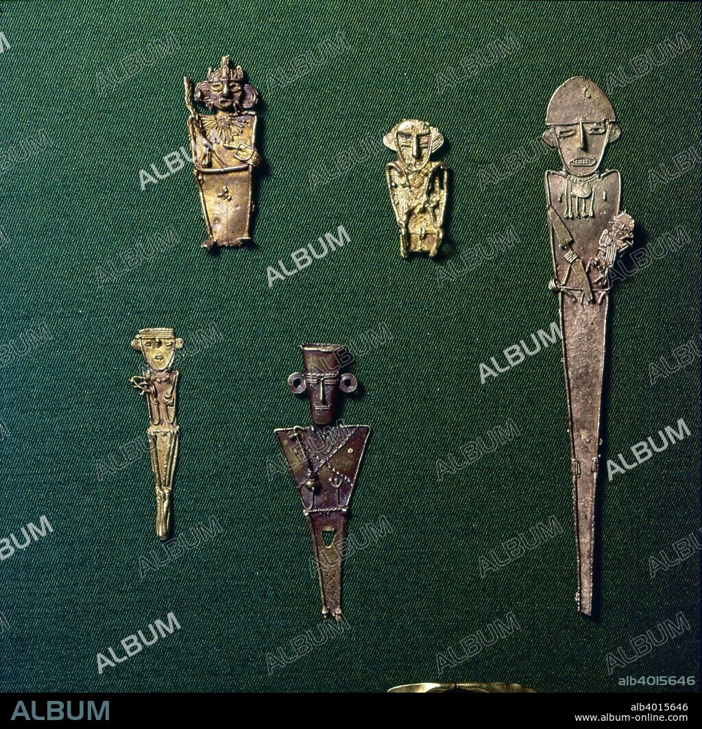Gold Figures from Pre-Columbian Tombs, Colombia, South America. Made in Cire Perdue Process of Lost Wax casting; a method of bronze casting using a clay core and a wax coating placed in a mould. The wax is melted in the mould and drained out, and bronze poured into the space left, producing a hollow bronze figure when the core is discarded.