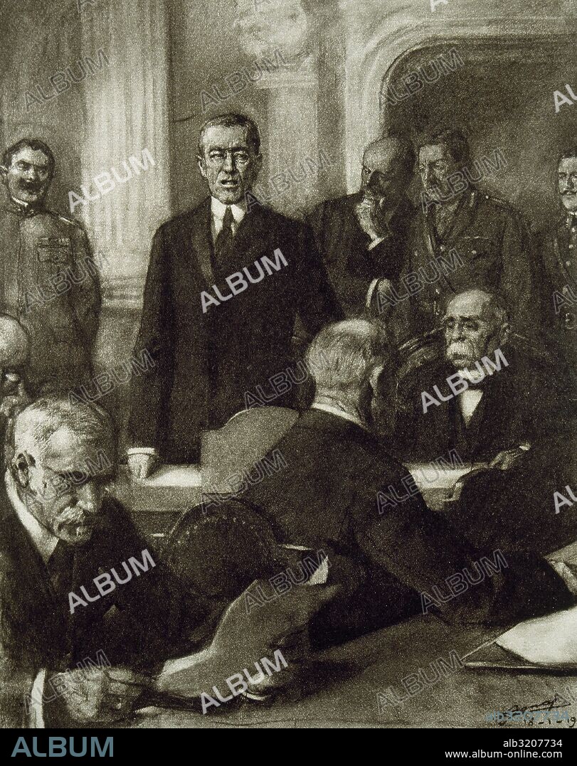 France. Paris Peace Conference, 1919.The President of United States, Thomas Woodrow Wilson (1856-1924) presenting the Prime Minister of France, George Clemenceau (1841-1929) as permanent head of the Conference. Engraving. "La Ilustracion Francesa".