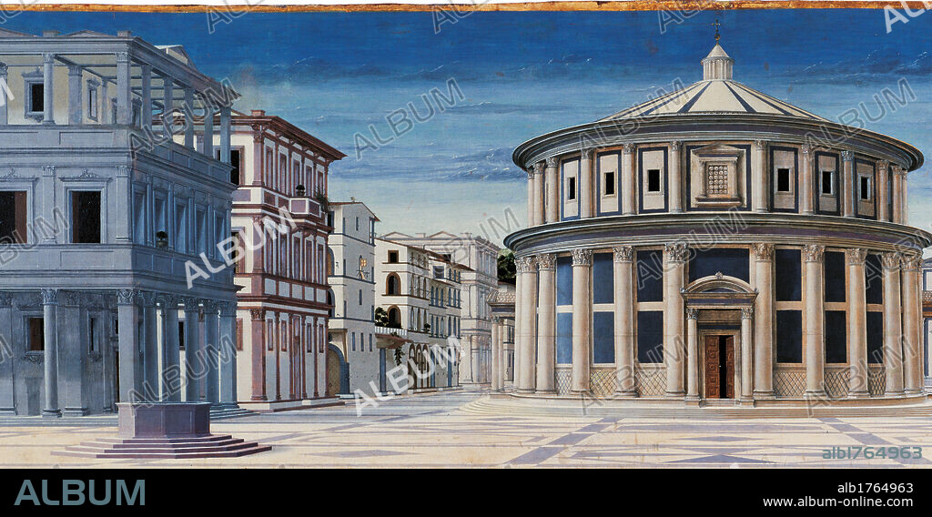 The Ideal City, by probably Francesco di Giorgio Martini, 1480-1490 about, 15th Century, panel, cm 67 x 238. Italy, Marche, Pesaro Urbino, Urbino, Marche National Gallery, inv. 1990 D 37Italy. Detail. Perspective view palaces mansions centric templet paving. Authorization required for non editorial use.