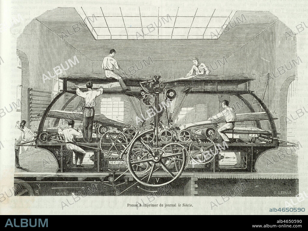 Presse typographique a quatre cylindres de Hippolyte MARINONI (1823-1904) pour imprimer le journal Le Siecle. Gravure parue dans Le Musee des Sciences de 1857. Credit : Collection Jonas/KHARBINE-TAPABOR.