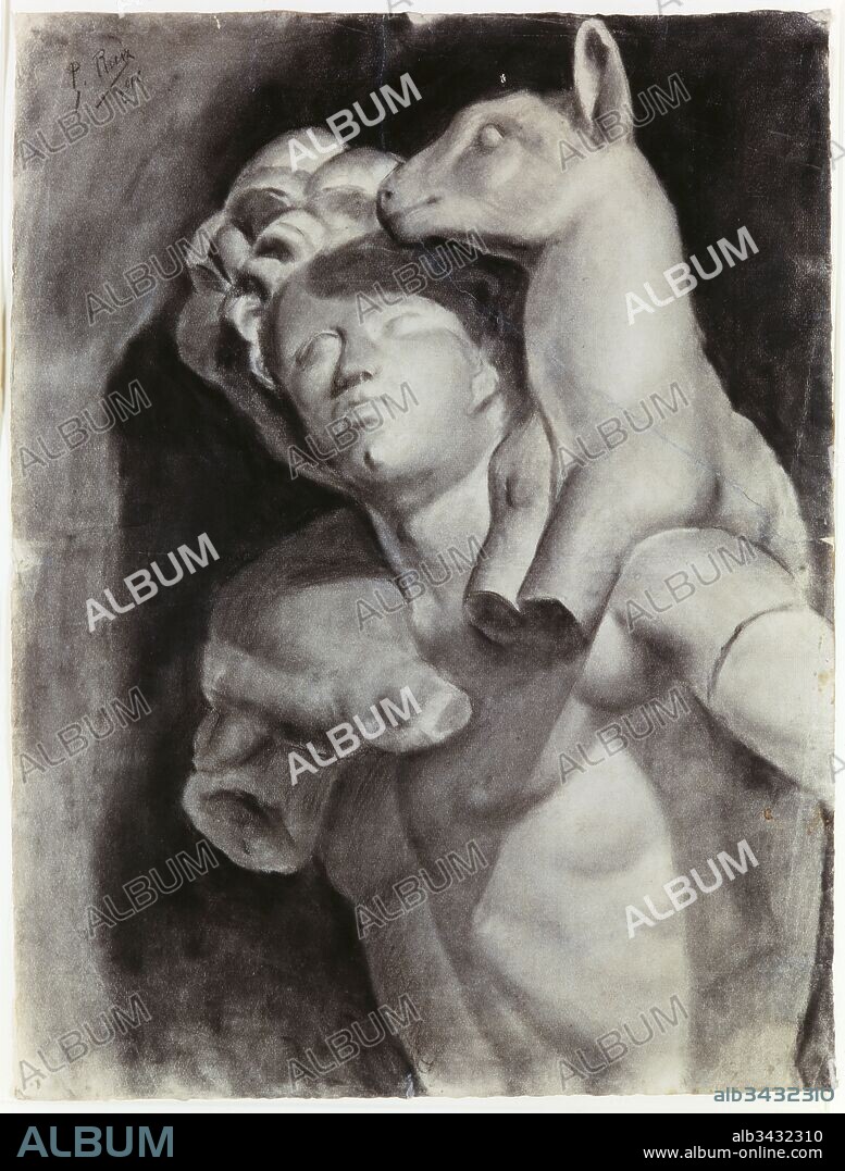 Pablo Picasso / "Academia. Hombre con un cordero (cópia de un moldeado en yeso), 1895-1896, Dibujo sobre papel (papel verjurado, carboncillo, lápiz conté), 63 x 47,5 cm, MPB110598.