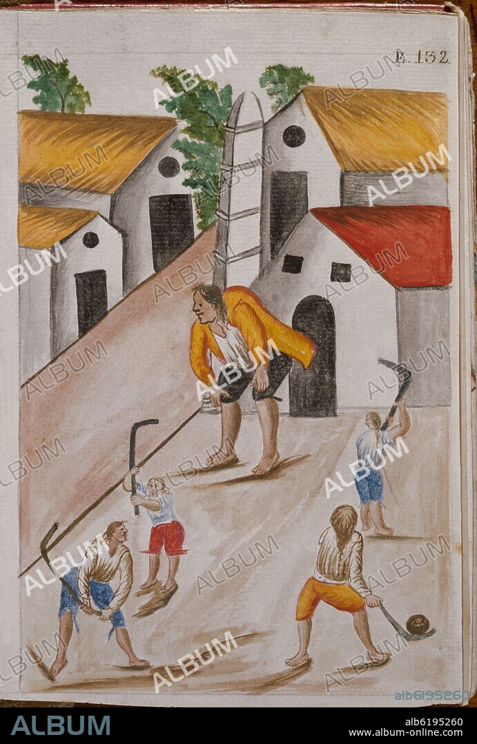 BALTASAR JAIME MARTÍNEZ COMPAÑÓN. CODEX TRUJILLO DEL PERU - BOOK II E 132 - WEST INDIAN KIDS PLAYING THE BALL WITH HOOKS - WATERCOLOR - 18TH CENTURY.