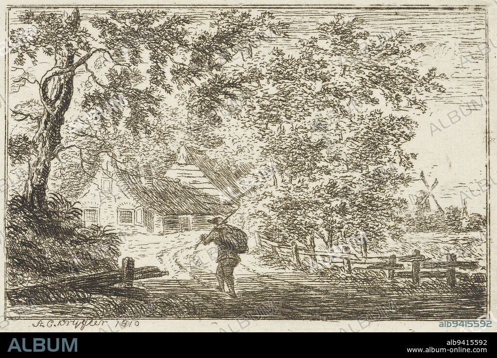 On a country road, a man with a stick over his shoulder and a knapsack on his back walks toward a farmhouse, Walking man, print maker: Andries Cornelis Krijgeer, (mentioned on object), Amsterdam, 1810, paper, etching, h 64 mm × w 94 mm.