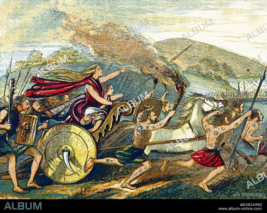 Boudica (died 60 or 61 AD) was queen of the British Iceni tribe, a Celtic tribe who led an uprising against the occupying forces of the Roman Empire. Her husband, Prasutagus, had left his kingdom jointly to his daughters and the Roman Emperor when he died, but the Romans did not acknowledge the joint rule. It was reported that Boudica was flogged and her daughters raped. She was eventually chosen as the leader of her people and their neighbors to lead an assault on the Romans. Her army had great success in their battles and completely demolished the city of Camulodunum (Colchester). The Britons had no desire to take prisoners and slaughtered everyone in their path. Noble Roman women were beheaded and had their breasts cut off and sewn to their mouths. Ironically, the great anti-imperialist rebel is now identified with the head of the British Empire, and her statue stands guard over the city she razed to the ground. Image taken from page 26 of "A History of England for the Young" by Henry Tyrrell, 1872.