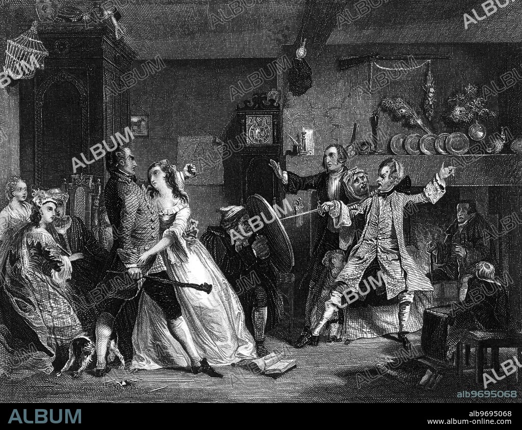 Joseph Andrews resenting Beau Didapper's insult - from a drawing by F. Nash. Joseph Andrews, or The History of the Adventures of Joseph Andrews and of his Friend Mr. Abraham Adams, was the first published full-length novel of the English author and magistrate Henry Fielding, and indeed one of the first novels in the English language. Published in 1742 and defined by Fielding as a 'comic romance', it is the story of a good-natured footman's adventures on the road home from London with his friend and mentor, the absent-minded parson Abraham Adams. ©TopFoto.