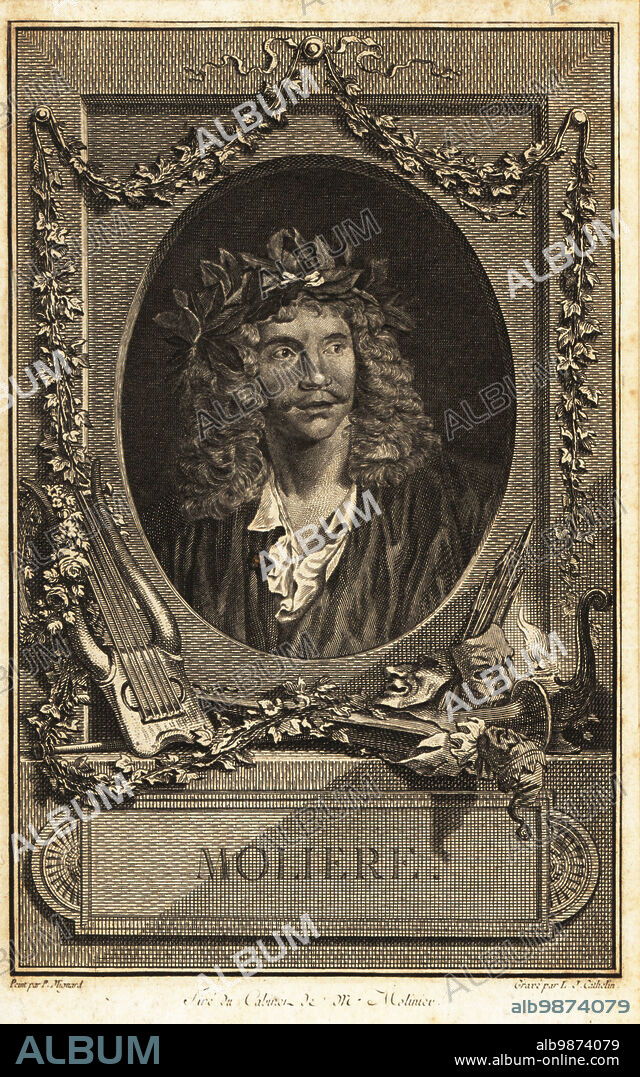 Oval portrait of Moliere, Jean-Baptiste Poquelin, French actor, poet and playwright, 1622-1673. Moliere in a laurel wreath, frame with festoons, lyre, darts, oil lamp, dramatic masks, fool's marotte, etc. Copperplate engraving by Louis-Jacques Cathelin after a portrait by Pierre Mignard, taken from the cabinet of Melinier, published as the frontispiece to Bret's Oeuvres de Moliere avec des remarques grammaticales, La compagnie des libraires associes, Paris, 1773.
