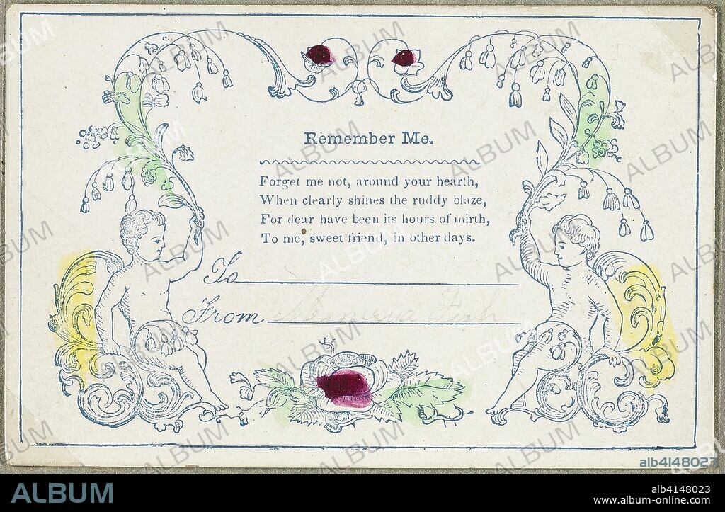 Remember Me (valentine). Unknown Artist; American or English, 19th century. Date: 1825-1835. Dimensions: 59 x 91 mm (card). Engraving in blue ink with hand-coloring and traces of graphite on ivory card. Origin: United States.