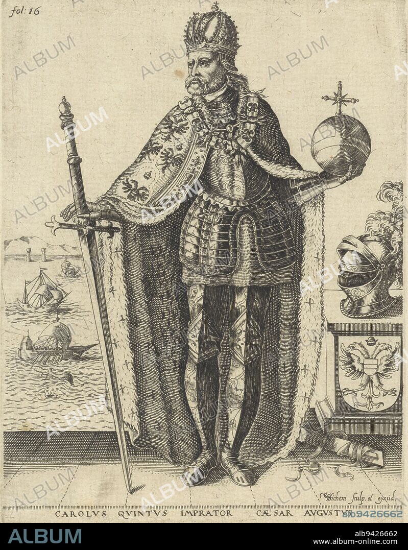 Portrait of Emperor Charles V, wearing crown and richly embroidered, fur-lined cloak. In one hand he holds a large sword, in the other an imperial apple. He is standing next to a pedestal, on which lies the helmet of his armor. The pedestal is decorated with his coat of arms. The background offers a view of the sea, with ships and a dolphin. In the top left corner: fol: 16. Portrait of Charles V of Habsburg, German Emperor, King of Spain Carolus Quintus Imprator[sic!] Caesar Augustus , print maker: Christoffel van Sichem (I), (mentioned on object), publisher: Christoffel van Sichem (I), (mentioned on object), 1611 - 1663, paper, engraving, etching, h 187 mm × w 142 mm.