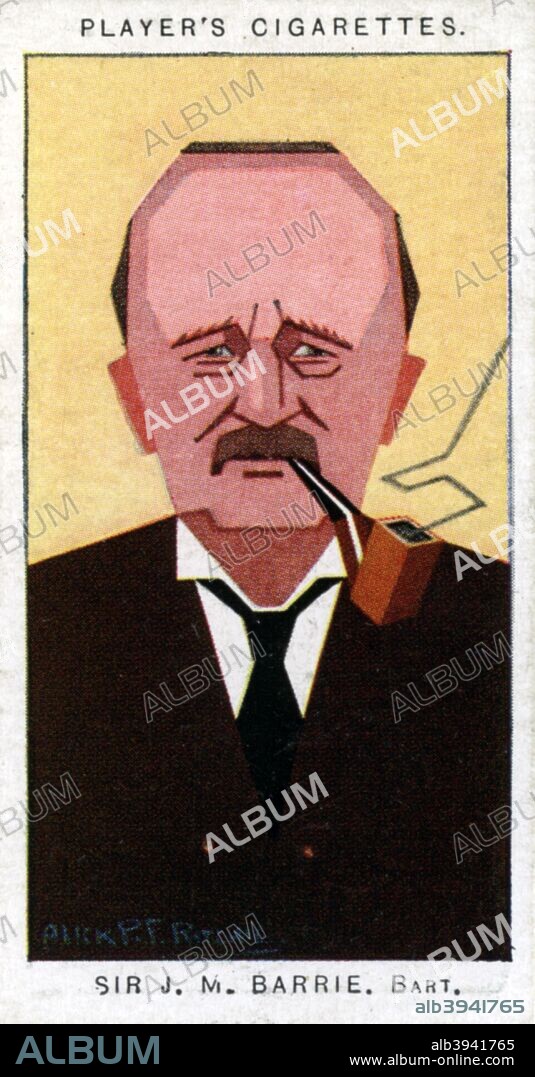 Sir James Matthew Barrie, author of Peter Pan, 1926. Portrait of British writer J M Barrie (1860-1937). Cigarette card with straight-line caricature, issued by John Player & Sons.