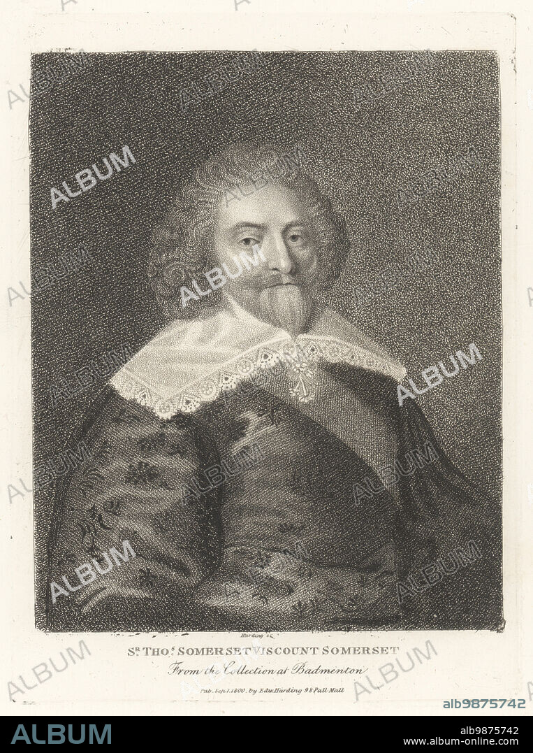 Thomas Somerset, 1st Viscount Somerset of Cashel, Tipperary, Ireland, 1579-1651. English politician, Master of the Queen's Horse to King James I, raised to the peerage of Ireland in 1626. Sir Thomas Somerset, Viscount Somerset. From the picture by an unknown artist at Badminton. Copperplate engraving by Edward Harding from John Adolphus The British Cabinet, containing Portraits of Illustrious Personages, printed by T. Bensley for E. Harding, 98 Pall Mall, London, 1799.