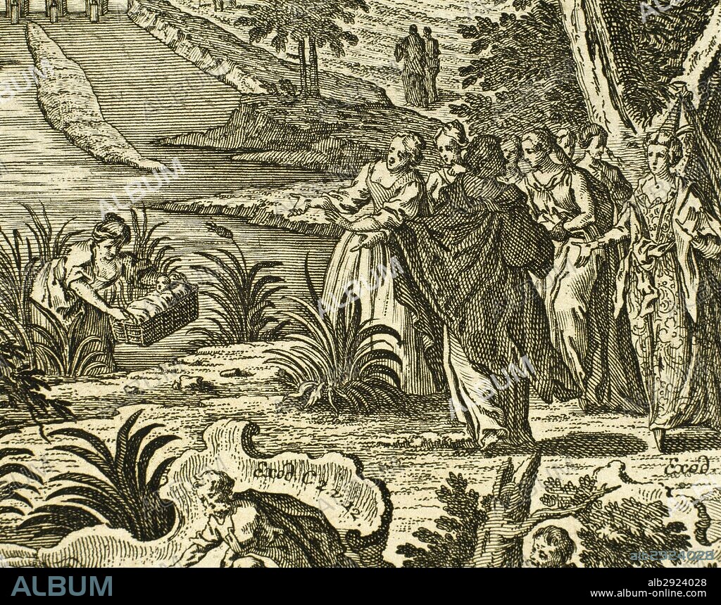 "MOISES ES RESCATADO DE LAS AGUAS DEL RIO POR LA HIJA DEL FARAON DE EGIPTO". Exodo, capítulo 2, versículo 5. Grabado.