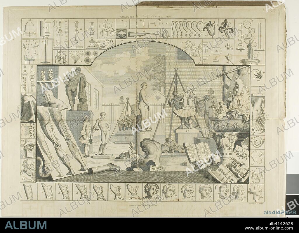 Plate One, from The Analysis of Beauty. William Hogarth; English, 1697-1764. Date: 1753. Dimensions: 366 × 490 mm (image); 410 × 540 mm (plate); 420 × 565 mm (sheet). Etching and engraving in black on cream laid paper (now in two parts, with the right side laid down on front book cover). Origin: England.