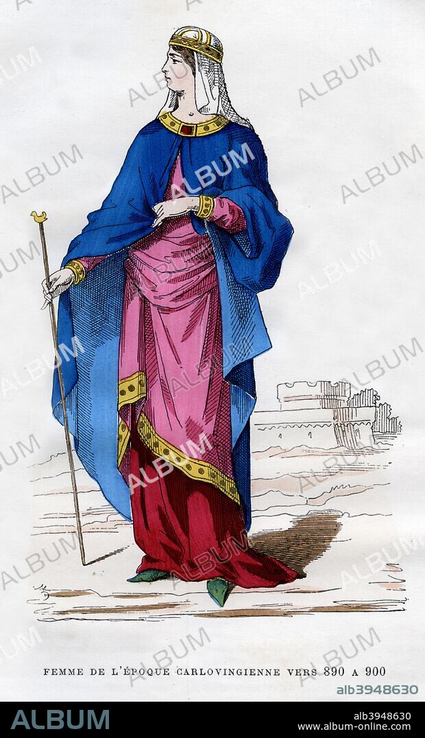 Frankish woman of the time of the Carolingians, 890-900 (1882-1884). The Carolingian dynasty was founded by Charles Martel (686-741) They became rulers of the Franks in 751 when Pepin the Short overthrew the last Merovingian king, Childeric III. The greatest Carolingian ruler was the Emperor Charlemagne (742-814). A print from La France et les Français à Travers les Siècles, Volume I, F Roy editor, Saint-Antoine, 1882-1884.