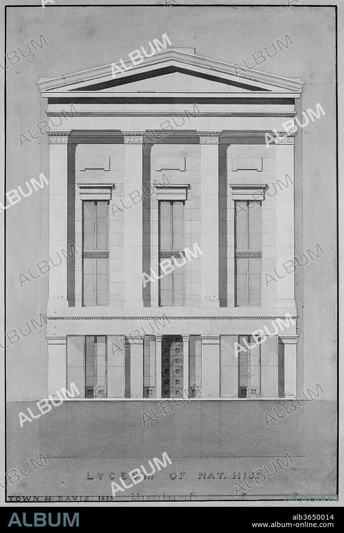 Lyceum of Natural History, New York (front elevation). Artist: Alexander Jackson Davis (American, New York 1803-1892 West Orange, New Jersey); Ithiel Town (American, Thompson, Connecticut  1784-1844 New Haven, Connecticut); Town & Davis (1829-35 and 1842-43). Dimensions: sheet: 20 13/16 x 14 1/2 in. (52.8 x 36.8 cm). Date: 1835.