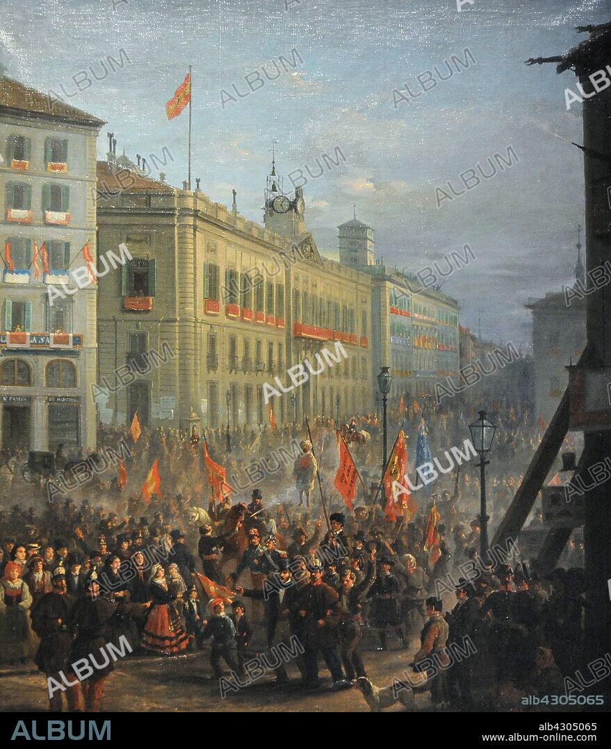 Historia de España. Recibimiento del Ejército de África en la Puerta del Sol, hacia 1860. Pintura atribuída a Joaquín Sigüenza Chavarrieta (1825-1902). Museo Nacional del Romanticismo. Madrid. España.
