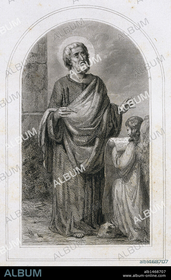 SAN MATEO EVANGELISTA. Apóstol y autor del primer Evangelio. Se le suele representar junto a un ángel. Grabado S. XIX.