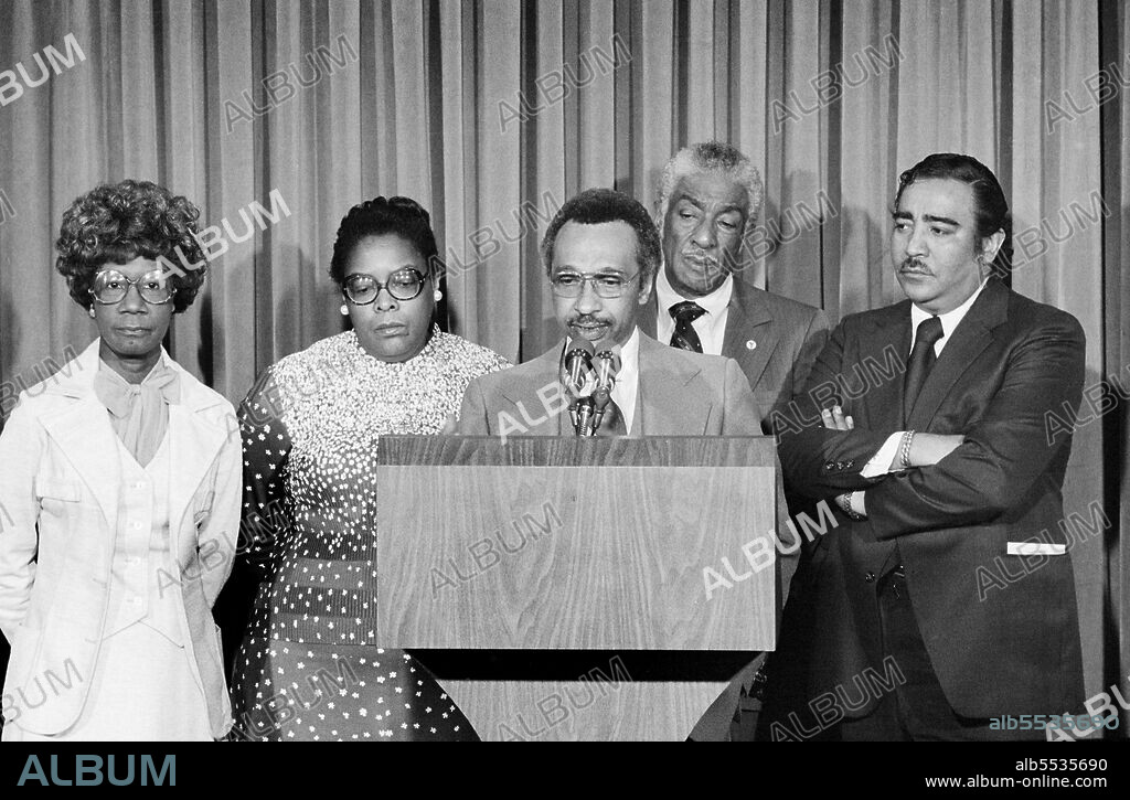 Congressional Black Caucus Members, Shirley Chisholm, Cardiss Collins, Parren Mitchell, Ralph Metcalfe, Charles Rangel, at Press Conference after meeting with U.S. President Jimmy Carter, Washington, D.C., USA, Marion S. Trikosko, US News & World Report Magazine Collection, April 26, 1978.