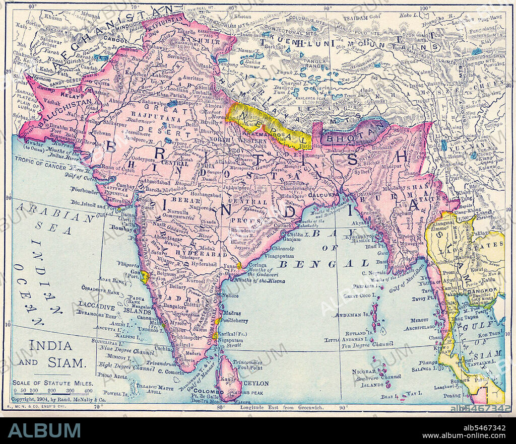 This map was produced at the height of British Imperial power and shows direct British rule extending all the way from Iran (Persia) to Thailand (Siam). Most of the contiguous Indian Ocean littoral, from South Africa to Singapore and Australia, was also under British administration or de facto control. It is relevant to note that the map shows Sikkim extending north into the present-day territory of China's Tibetan Autonomous Region. Similarly Darjeeling is shown in eastern Nepal, while Bhutan is elongated to the east and most of India's Arunachal Pradesh province is shown as part of the Qing Empire. In Kashmir, by contrast, the disputed Aksai Chin region, now under Chinese control, is shown as part of India.