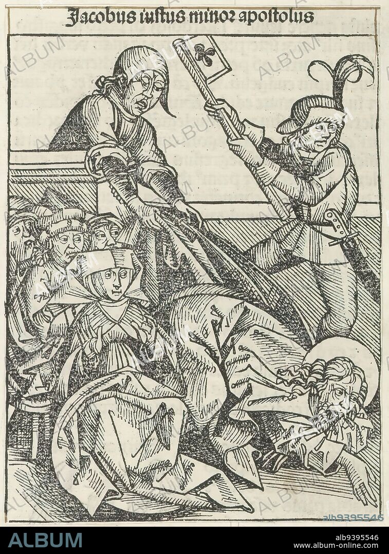 Martyrdom of James the Lesser, Jacobus justus minor apostolus (title on object), Liber Chronicarum (series title), James the Lesser died a martyr's death when he was thrown from the roof of the temple, after which they stoned him and beat him to death. The print is part of an album., print maker: Michel Wolgemut, (workshop of), print maker: Wilhelm Pleydenwurff, (workshop of), Neurenberg, 1493, paper, letterpress printing, height 148 mm × width 109 mm.