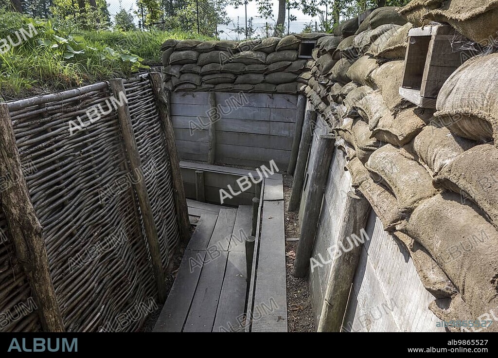 Reconstruction of German First World War One trench showing fire step, wooden duckboards, woven wickerwork branches and loopholes at Zonnebeke, Belgium, Europe.