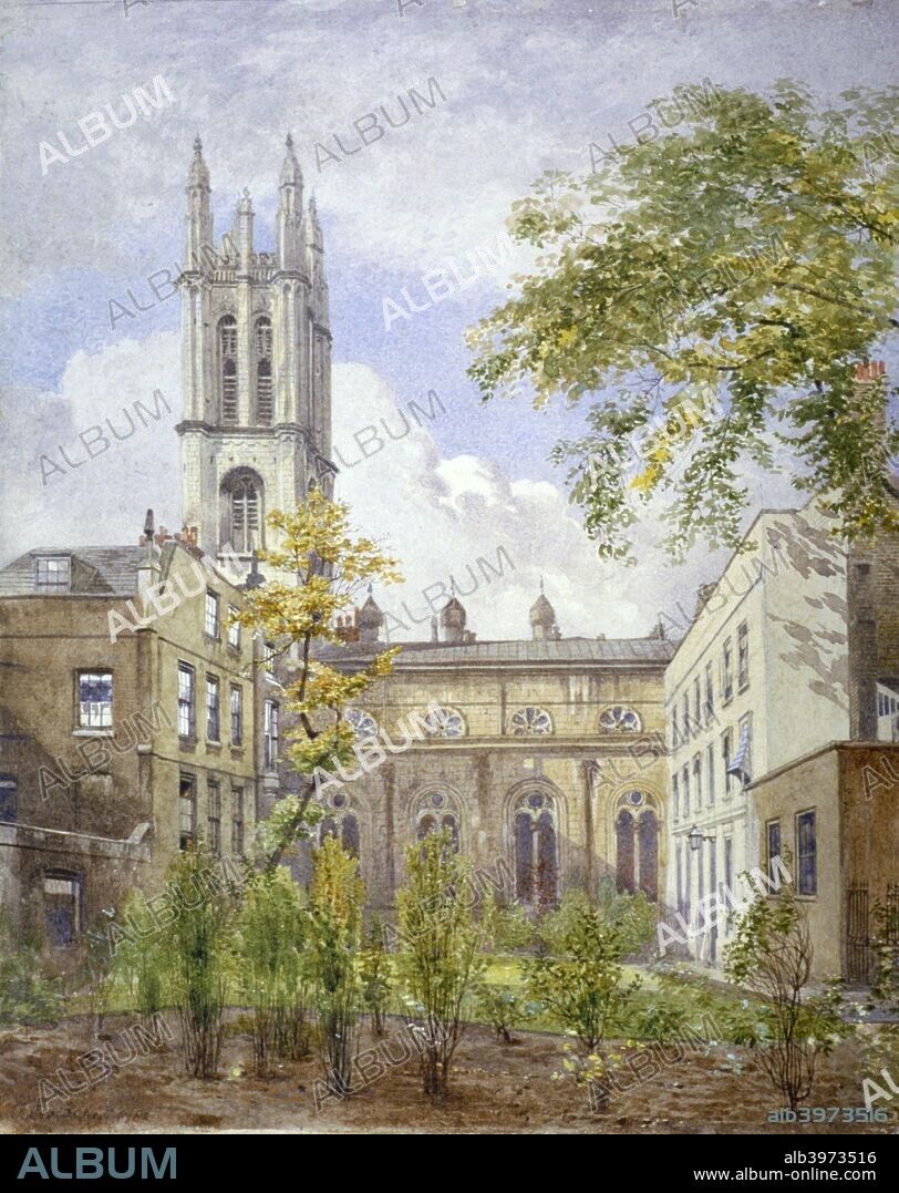 Church of St Michael, Cornhill, City of London, 1882. View of the church with the back of Jamaica Coffee House on the left.