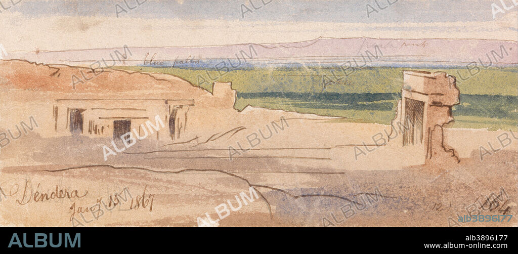 EDWARD LEAR. Dendera. Date/Period: 1867. Landscape. Watercolor with pen in brown ink, over graphite on medium, slightly textured, wove paper, mounted on moderately thick, moderately textured, cream wove paper. Height: 75 mm (2.95 in); Width: 168 mm (6.61 in).