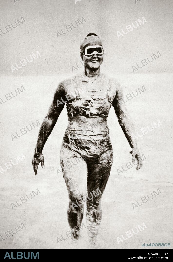 Gertrude Ederle, American swimmer, 1926. On 6 August 1926 Ederle (1905-2003) became the first woman to swim across the English Channel, which she achieved in a time of 14 hours and 30 minutes.