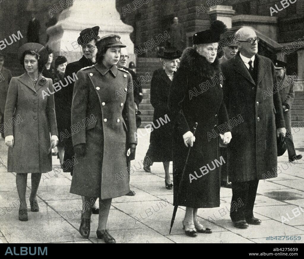 'Queen Mary, Princess Elizabeth, Princess Margaret and the Duchess of Kent on Armistice Day, 1945', (1951). Mary of Teck (1867-1953) with her granddaughters the Princess Elizabeth (born 1926, future Queen Elizabeth II) and her younger sister Princess Margaret Rose (1930-2002), and . From "The Queen Mother", by Marion Crawford ("Crawfie"), governess of Princess Margaret and Princess Elizabeth (the future Queen Elizabeth II). [George Newnes Limited, London, 1951].