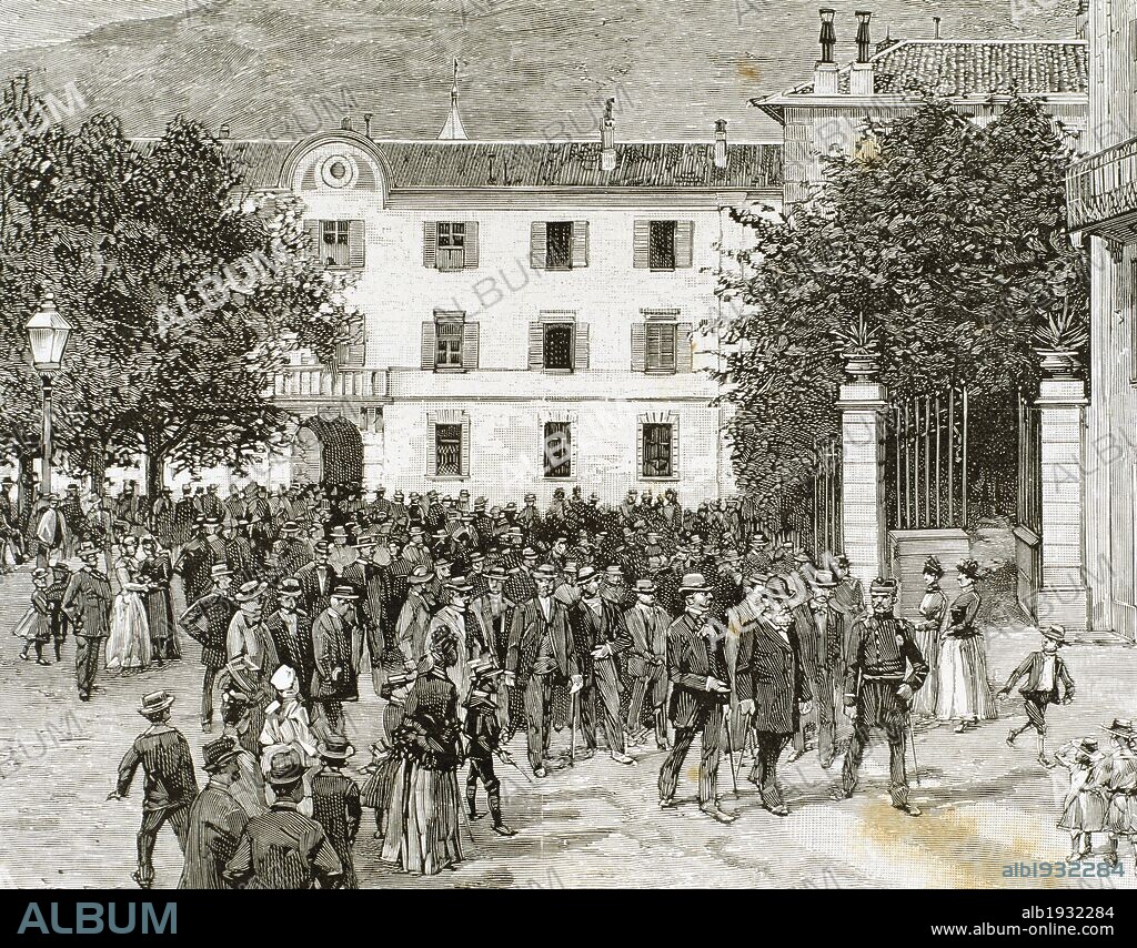 HISTORIA DE SUIZA. S. XIX. CONFLICTO EN EL CANTON DE TESINO (2 de septiembre de 1890) entre los sectores radicales y los conservadores. "RETIRADA DE LOS MIEMBROS DEL GOBIERNO PROVISIONAL DEL PALACIO DE GOBIERNO DE BELLINZONA". Grabado del s. XIX.