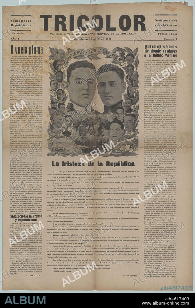 Portada del periódico republicano Tricolor, número uno. Barcelona, abril de 1932. Portada dedicada a los participantes en el intento de instaurar la república en España, conocido como insurrección de Jaca, los capitanes Ángel García Hernández (1900-1930), y Fermín Galán Rodríguez (1899-1930), por lo que fueron fusilados.
