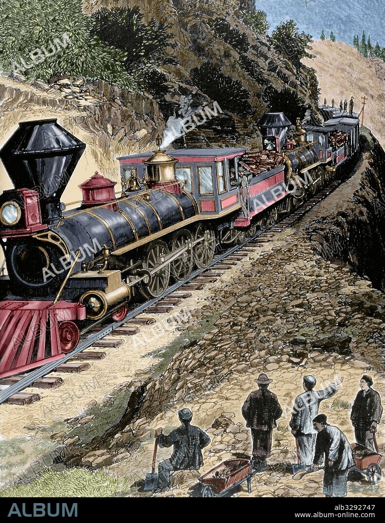 The United States. 19th century. A train of the Central Pacific Railroad Company, powered by two locomotives, in a tour around California. It reach 7,07 feet above sea level. Engraving from Frank Leslie's Illustrated newspaper. April 1878. Colored.