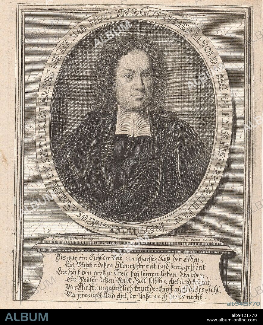 Portrait of Gottfried Arnold, print maker: Georg Paul Busch, (mentioned on object), after: Schwärtz, after: Johann Heinrich Schwartz, (possibly), Berlin, 1716, paper, engraving, h 176 mm - w 144 mm.