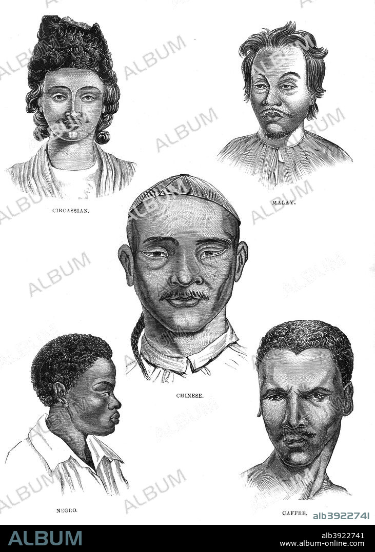 'Mongolian Races', 19th century. Examples of ethnic type: Circassian, Malay, Chinese, Caffre, Negro. Victorians were keen on putting people into racial categories, many of which are now deemed offensive.