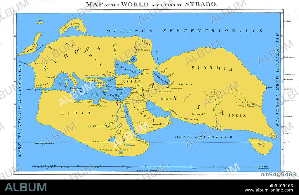 Strabo world map. Strabo (64/63 BC - 24 AD) was a Greek geographer, philosopher, and historian. He is most famous for his 17-volume work Geographica, which presented a descriptive history of people and places from different regions of the world. Engraving by J. Bye, 1814.