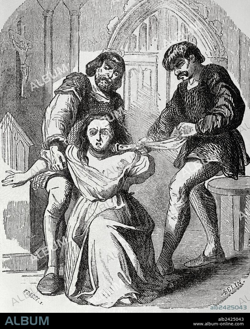 Margarita de Borgoña (1290-1315). Reina de Francia y de Navarra. Perteneciente a la primera rama borgoñona de la Dinastía de los Capetos. El 15 de agosto de 1315, Margarita de Borgoña fue encontrada muerta en su celda del castillo de Gaillard, presuntamente asesinada por orden de su esposo, que deseaba contraer matrimonio con Clemencia de Hungría. Grabado, siglo XIX.