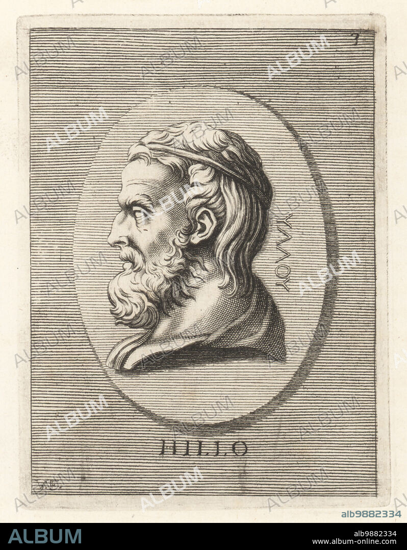 Hyllas, or Hyllus, in Greek myth, he was son of Heracles and Deianira, husband of Iole, and nursed by Abia. Head of a bearded man. Hillo. Copperplate engraving by Guillaume Vallet after Giovanni Angelo Canini from Iconografia, cioe disegni d'imagini de famosissimi monarchi, regi, filososi, poeti ed oratori dell' Antichita, Drawings of images of famous monarchs, kings, philosophers, poets and orators of Antiquity, Ignatio deLazari, Rome, 1699.