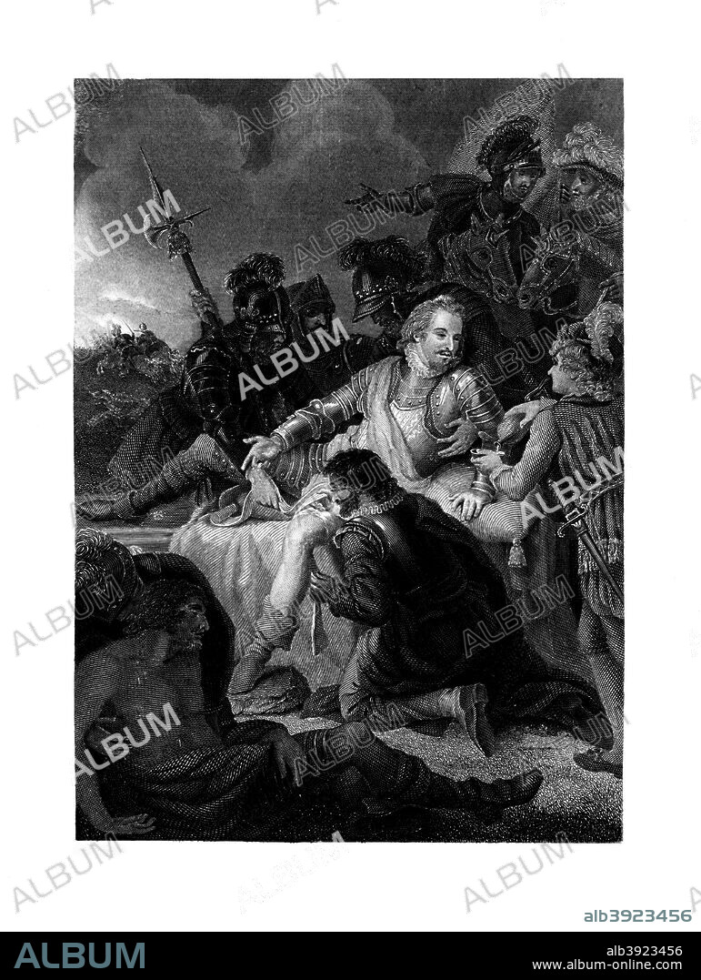 Death of Sir Philip Sidney, 1586, (1860). Sir Philip Sidney (1554-1586) was one of the Elizabethan Age's most prominent figures. He was famous in his day in England as a poet, courtier and soldier. Sidney was appointed Governor of Flushing  in the Netherlands in 1585. He was mortally wounded in the thigh at the Battle of Zutphen in which the Dutch and English defeated the Spanish on 22 September 1586, and died at Arnhem 26 days later.