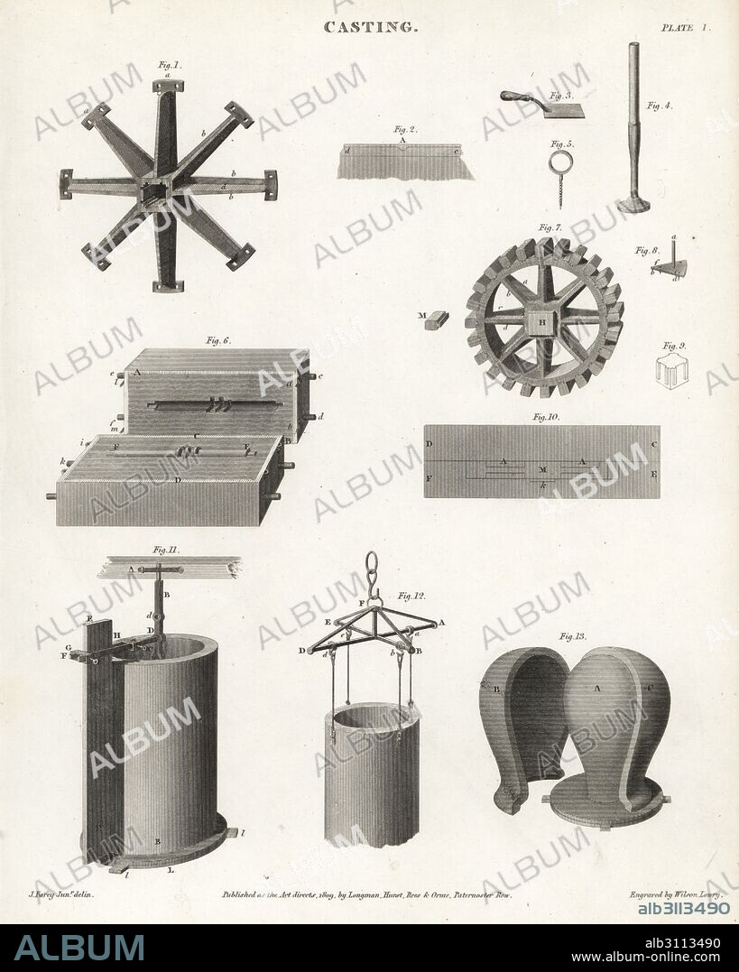 Metal casting equipment: open sand casting 1, trowel 2, ramming tool 4, lifting screw 5, sand casting between flasks 6, cog wheel casting 7-10, and moulds for loam casting 11-13. Copperplate engraving by Wilson Lowry after a drawing by John Farey from Abraham Rees' Cyclopedia or Universal Dictionary of Arts, Sciences and Literature, Longman, Hurst, Rees, Orme and Brown, London, 1809.