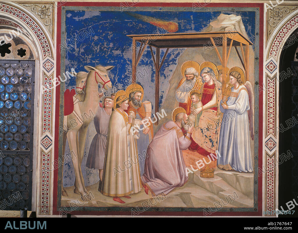 Stories of the Christ The Adoration of the Magi, by Giotto, 1304-1306 about, 14th Century, fresco, cm 200 x 185. Italy, Veneto, Padua, Scrovegni Chapel. All. Magi Wise Men Three Kings gifts Mary Madonna St Joseph the Infant Jesus the Christ Child angel camels comet mountain rocks blue red hues of brown violet purple beige light blue azure black white.