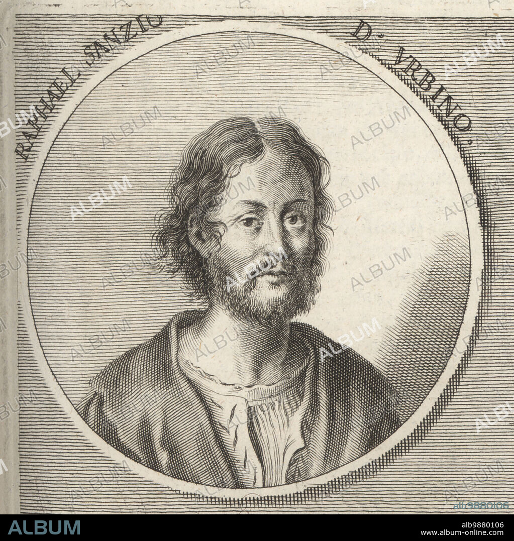Raphael, 1483-1520, Italian painter and architect of the High Renaissance. Raphael Sanzio d'Urbino. Copperplate engraving by Philipp Kilian after an illustration by Joachim von Sandrart from his LAcademia Todesca, della Architectura, Scultura & Pittura, oder Teutsche Academie, der Edlen Bau- Bild- und Mahlerey-Kunste, German Academy of Architecture, Sculpture and Painting, Jacob von Sandrart, Nuremberg, 1675.