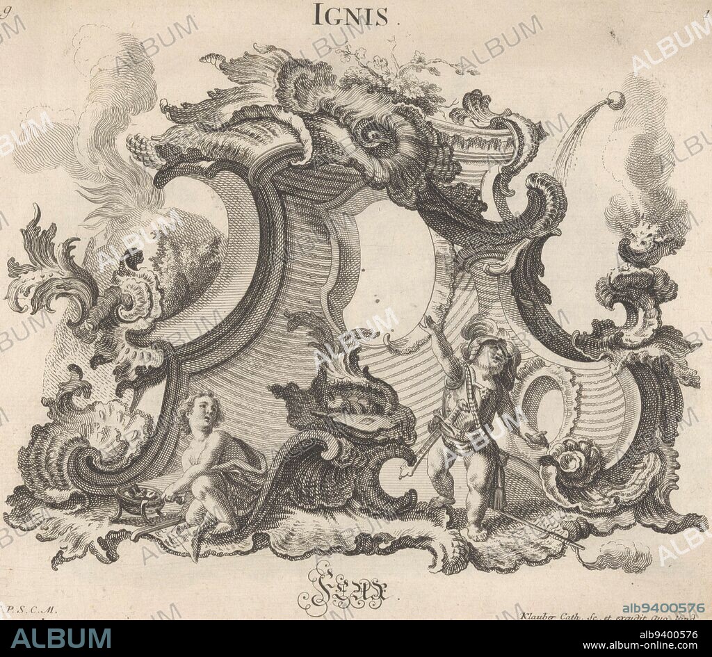 Personification of the element fire. Rocaille ornament with two putti holding pan with coals and a bellows, surrounded by smoke and fire. Publisher's number g. Fire Ignis, Feur The four elements , print maker: Johann Baptist Klauber, (mentioned on object), print maker: Joseph Sebastian Klauber, (mentioned on object), publisher: Johann Baptist Klauber, (mentioned on object), Augsburg, 1750, paper, etching, h 193 mm × w 223 mm.