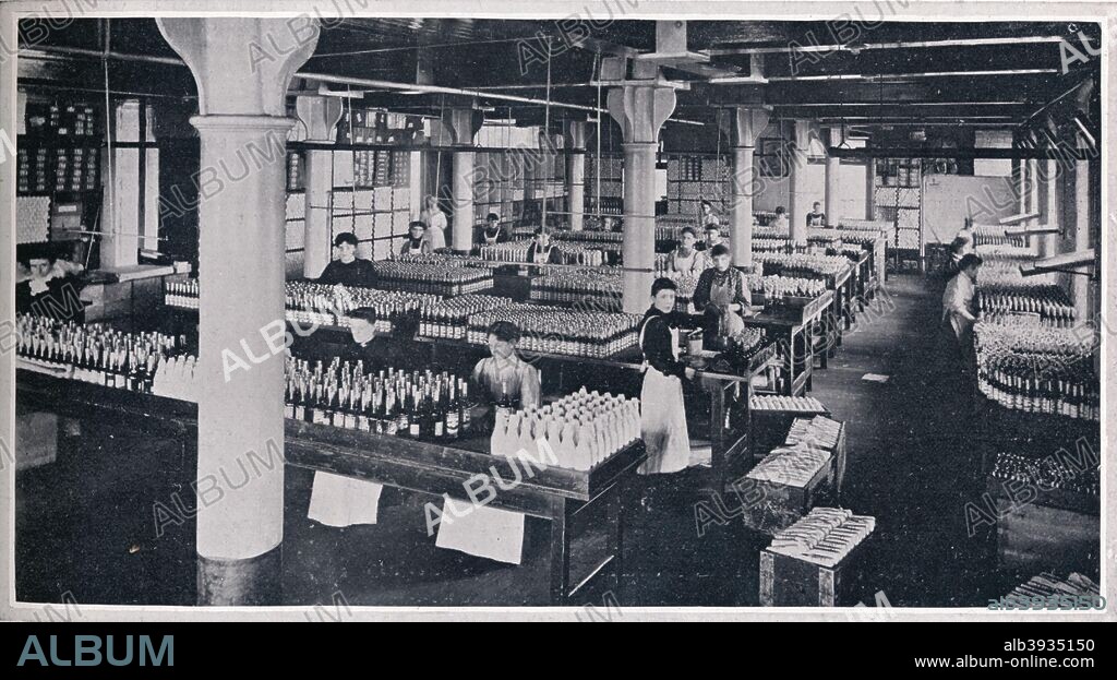Where the famous Yorkshire Relish is made up, 1906. A picture showing the packing of Yorkshire Relish at the factory of Leeds based company Goodall, Backhouse & Co. From The Tatler Volume 21 [The Tatler, London, 1906].