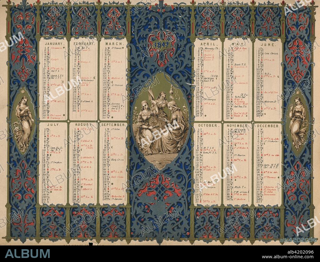 Calendar with religious holidays, saints' days and royal birthdays, 1847. Decorative page of significant dates in the British calendar including the birthday of Queen Victoria (24th May). 'Presented to Subscribers to the Art-union Monthly Journal'.