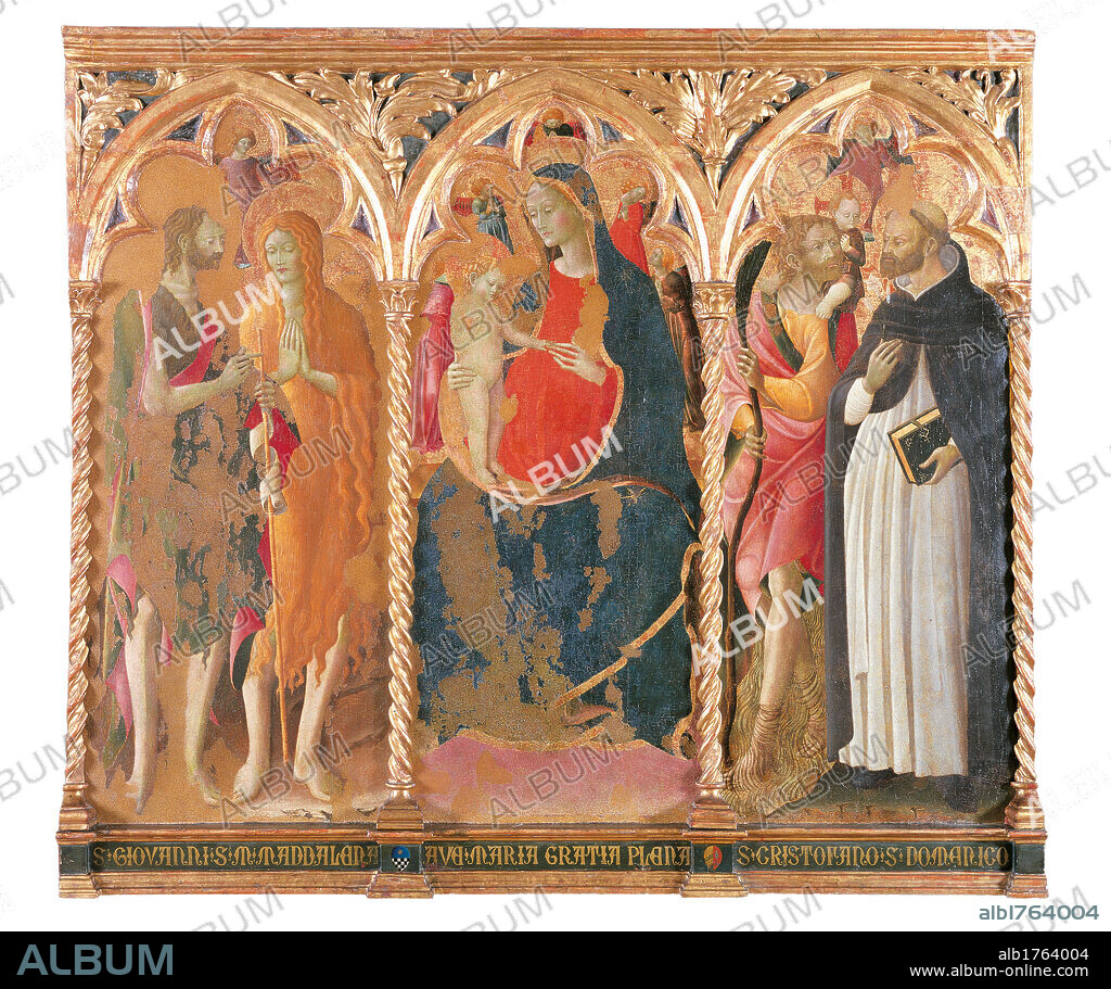 Madonna with Child and the Sts John Baptist and Mary Magdalene, Saint Christopher and Dominic, by Bartolomeo di Tommaso, 1450 about, 15th Century, tempera on panel, cm 144 x 163,5. Italy, Marche, Pesaro Urbino, Urbino, Marche National Gallery. This triptych almost certainly comes from the church of St Mary Magdalene in Foligno and is an example of the most mature phase of the artists work. All. Triptych compartments frames spiral columns gilded wood Madonna Virgin Mary Baby Child Jesus mantle cloak blue red John Baptist tunic hides stick Mary Magdalene hair saints Christopher shoulder Baby halo Dominic monk tonsure book white black. Authorization required for non editorial use.