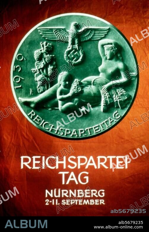 Germany / History / National Socialism, Nuremberg Rally (Reichsparteitag) 1939, "Rally of Peace". ("Reichsparteitag des Friedens"), 2.-11.9.1939. - The Reichsadler (Eagle) with swastika and woman with child on a medal.- NS. propaganda poster, 1939.