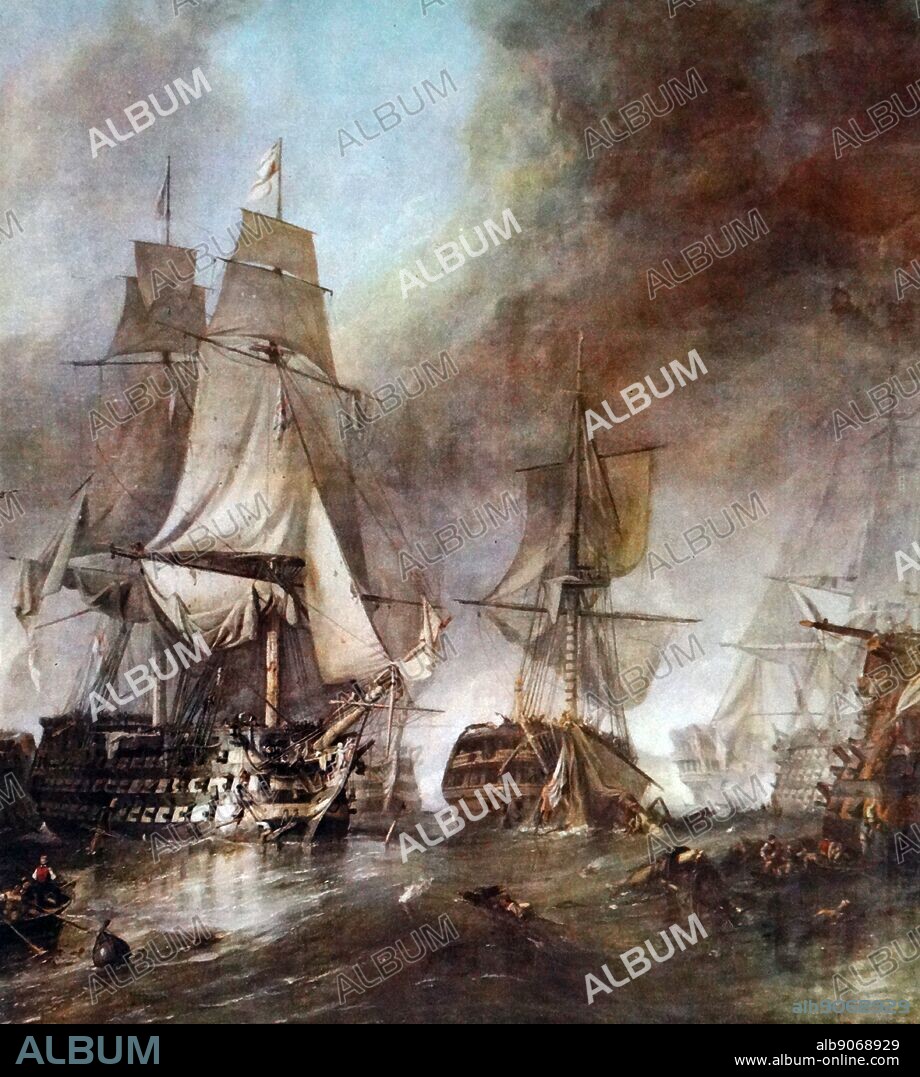 The Battle of Trafalgar by Clarkson Stanfield. The painting is set about an hour after Nelson was shot. From The Island Race, a 20th century book that covers the history of the British Isles from the pre-Roman times to the Victorian era. Written by Sir Winston Churchill and abridged by Timothy Baker.