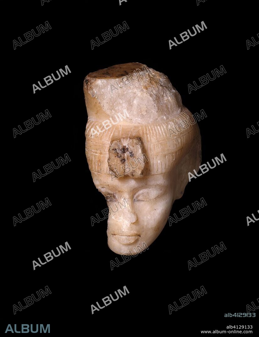 ANCIENT EGYPTIAN. Head From a Shabti (Funerary Figurine) of Queen Tiye. Egyptian. Date: 1353 BC-1336 BC. Dimensions: 7.6 × 5.8 × 2.6 cm (3 × 2 1/4 × 1 in.). Egyptian alabaster and pigment. Origin: Egypt.