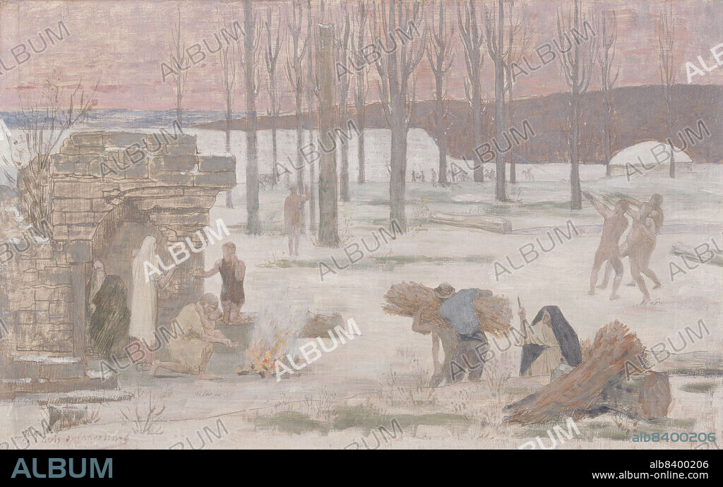 PIERRE PUVIS DE CHAVANNES. Winter, sketch for the Hôtel de Ville in Paris, between 1889 and 1892. The edge of a forest in a snowy landscape. Family at a wood fire in a ruined building. In the foreground, two men collect faggots under the gaze of an old woman in a black cape. On the right, three men pull down a tree. (L'Hiver, esquisse pour l'Hôtel de Ville de Paris).
